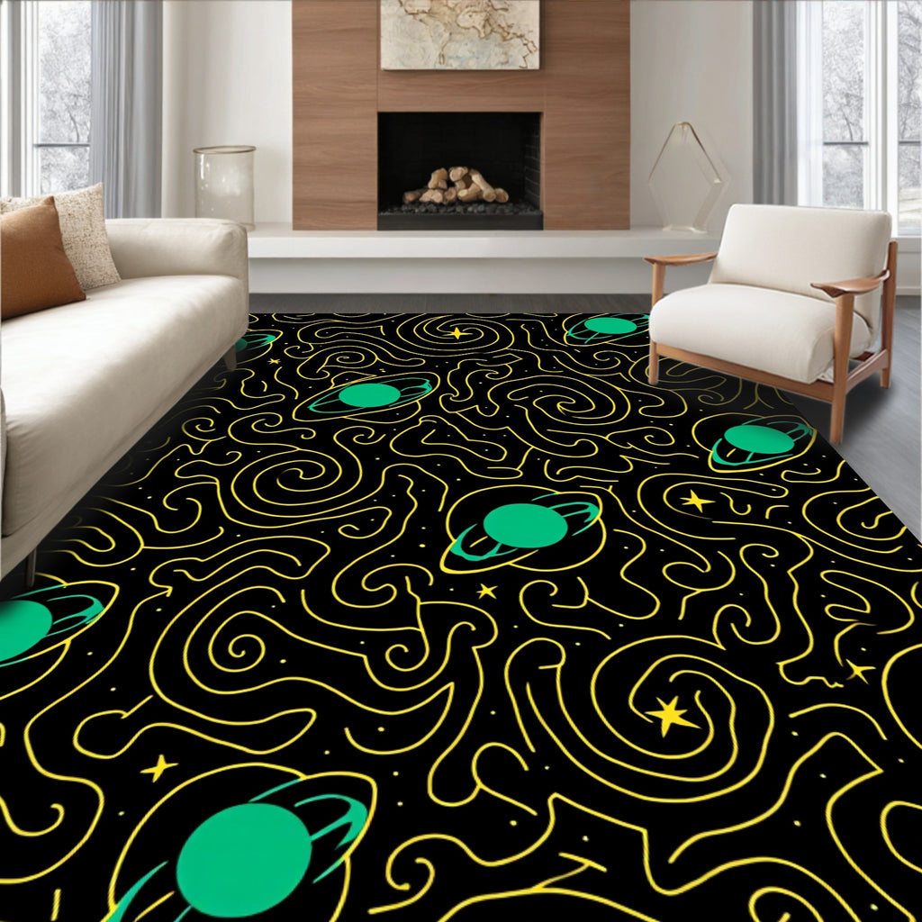 Cosmic Green Planet Swirls Rug