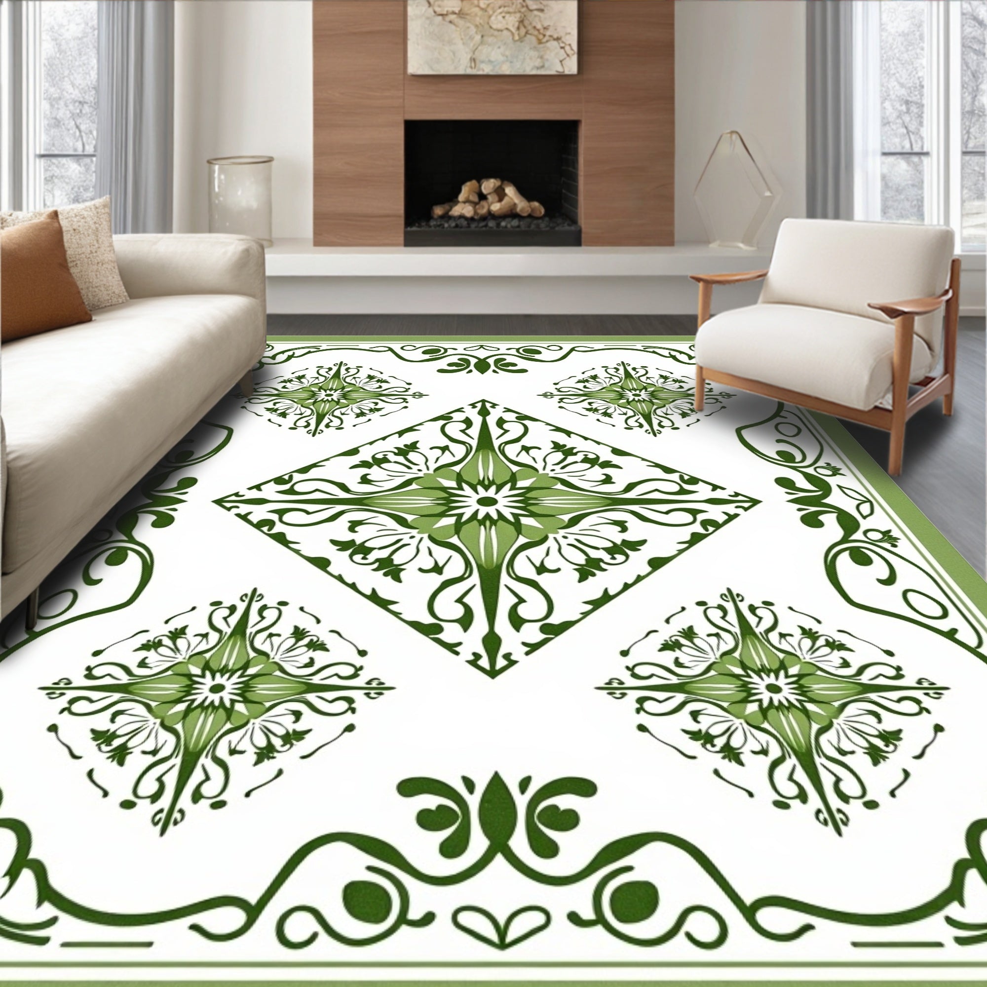 Green Floral Medallion Diamond Border Rug