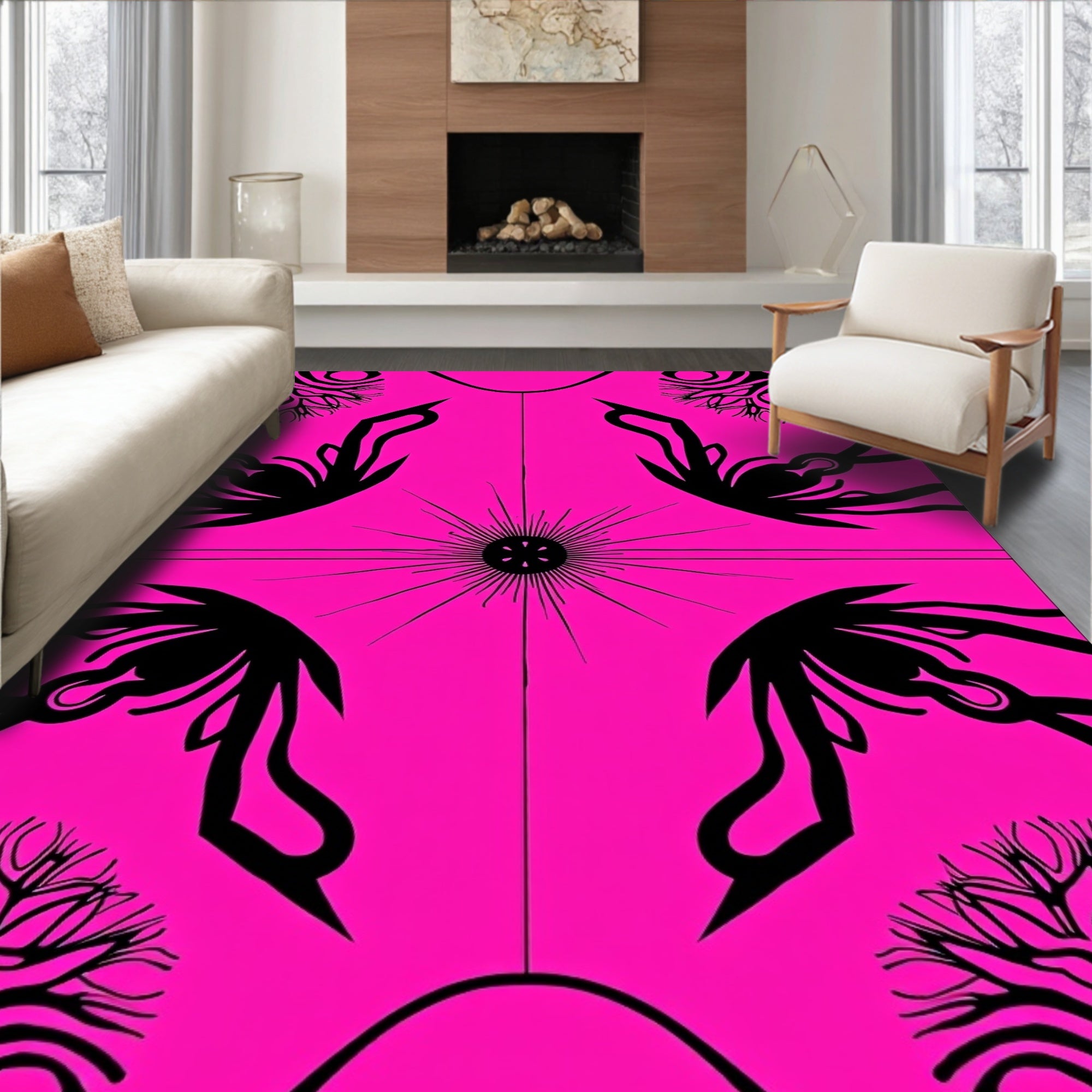 Vibrant Pink Black Celestial Flower Radiance Rug