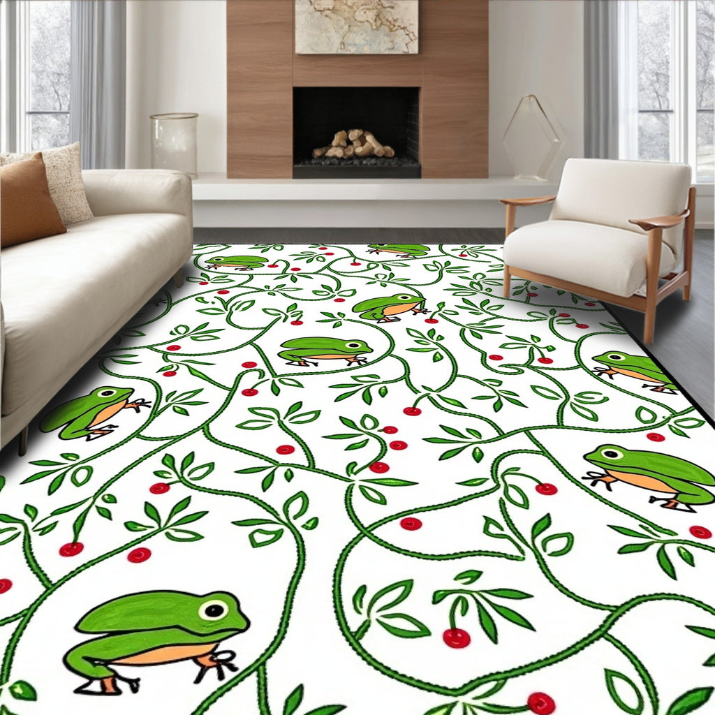 Whimsical Green Frogs Berry Vines Rug