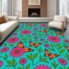 Bright Daisy Butterflies Aqua Background Rug