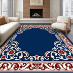 Deep Blue Red Floral Vine Border Rug