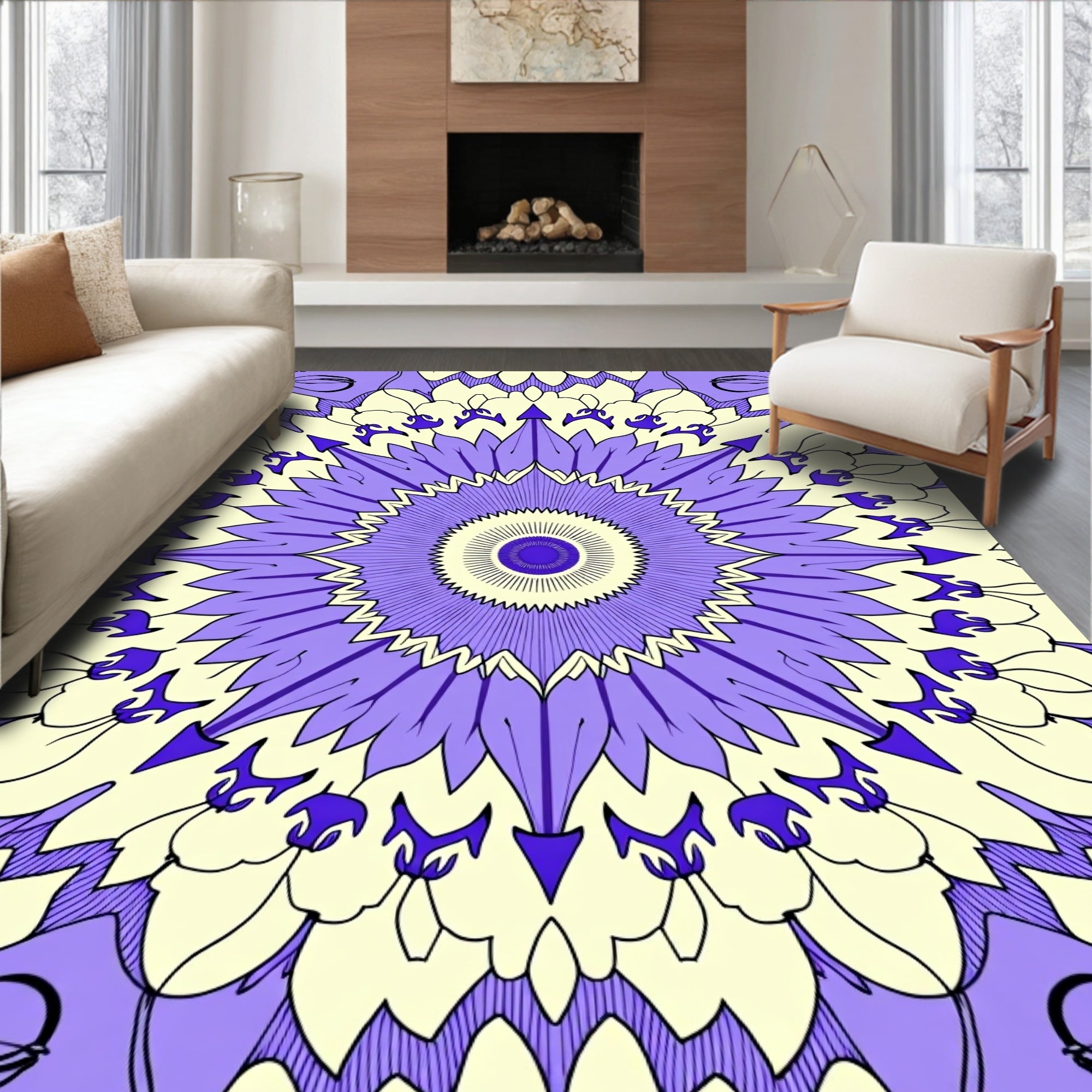 Purple Yellow Mandalas Radial Bloom Rug
