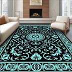 Aqua Black Floral Medallion Border Rug