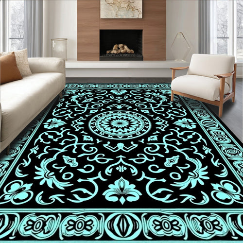 Aqua Black Floral Medallion Border Rug