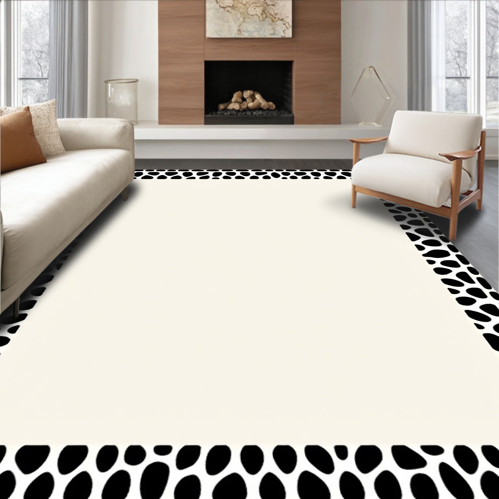 Black White Organic Pebble Border Rug
