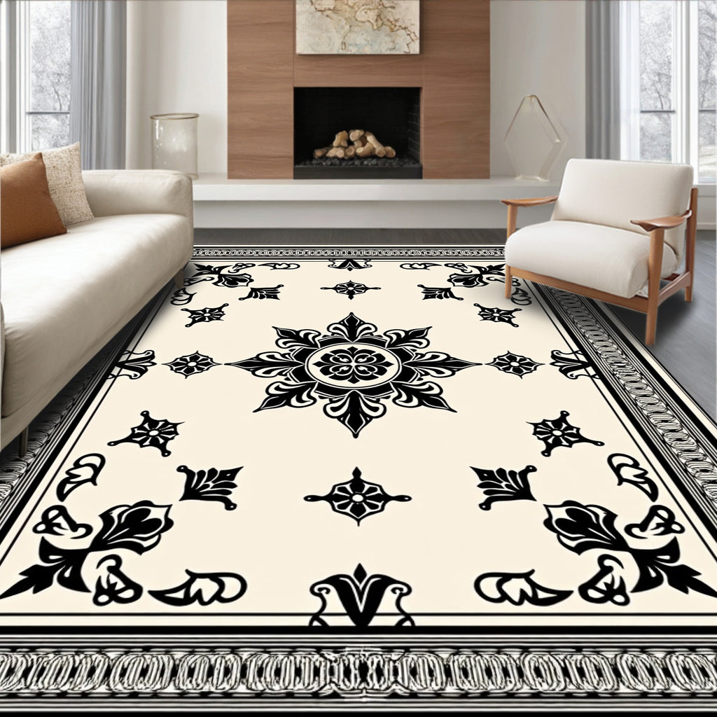 Cream Black Ornate Floral Medallion Rug