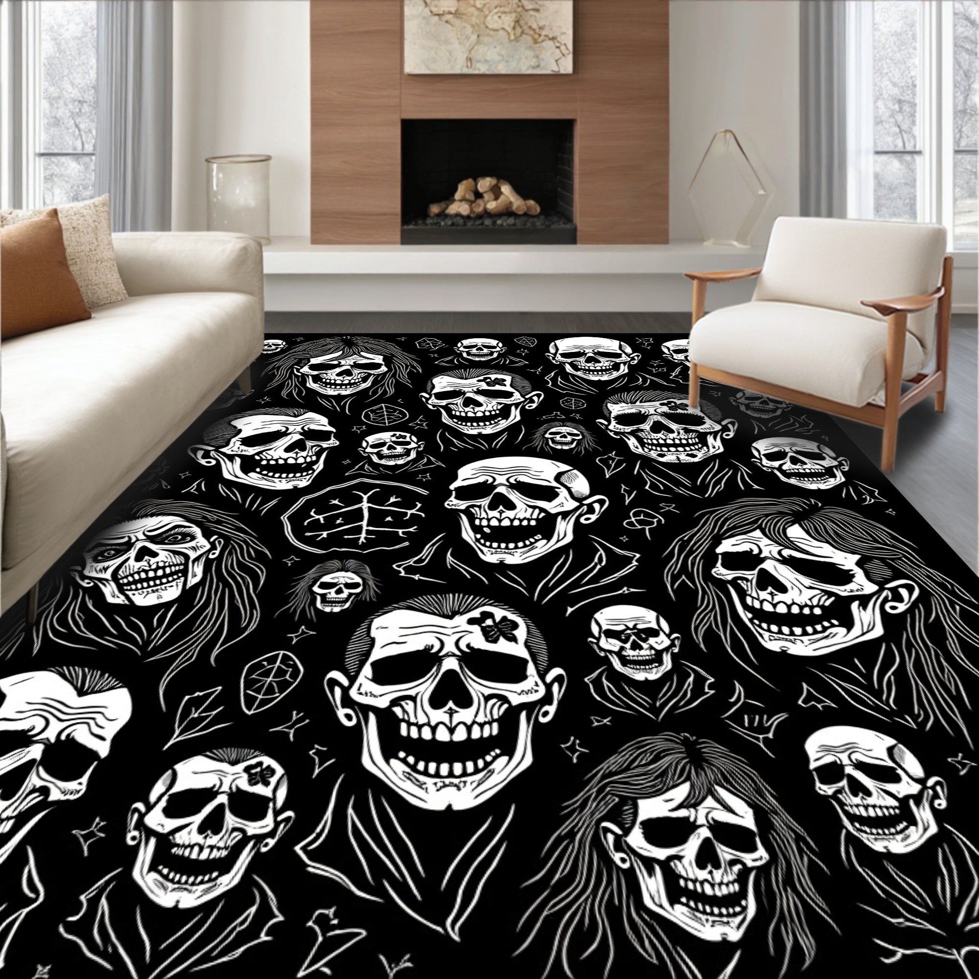 Gothic Skull Collage Black and White Rug