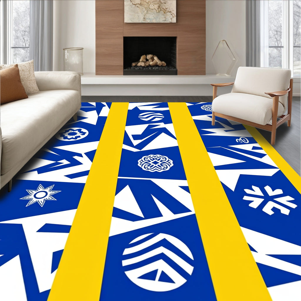 Bold Blue White Geometric Medallion Rug