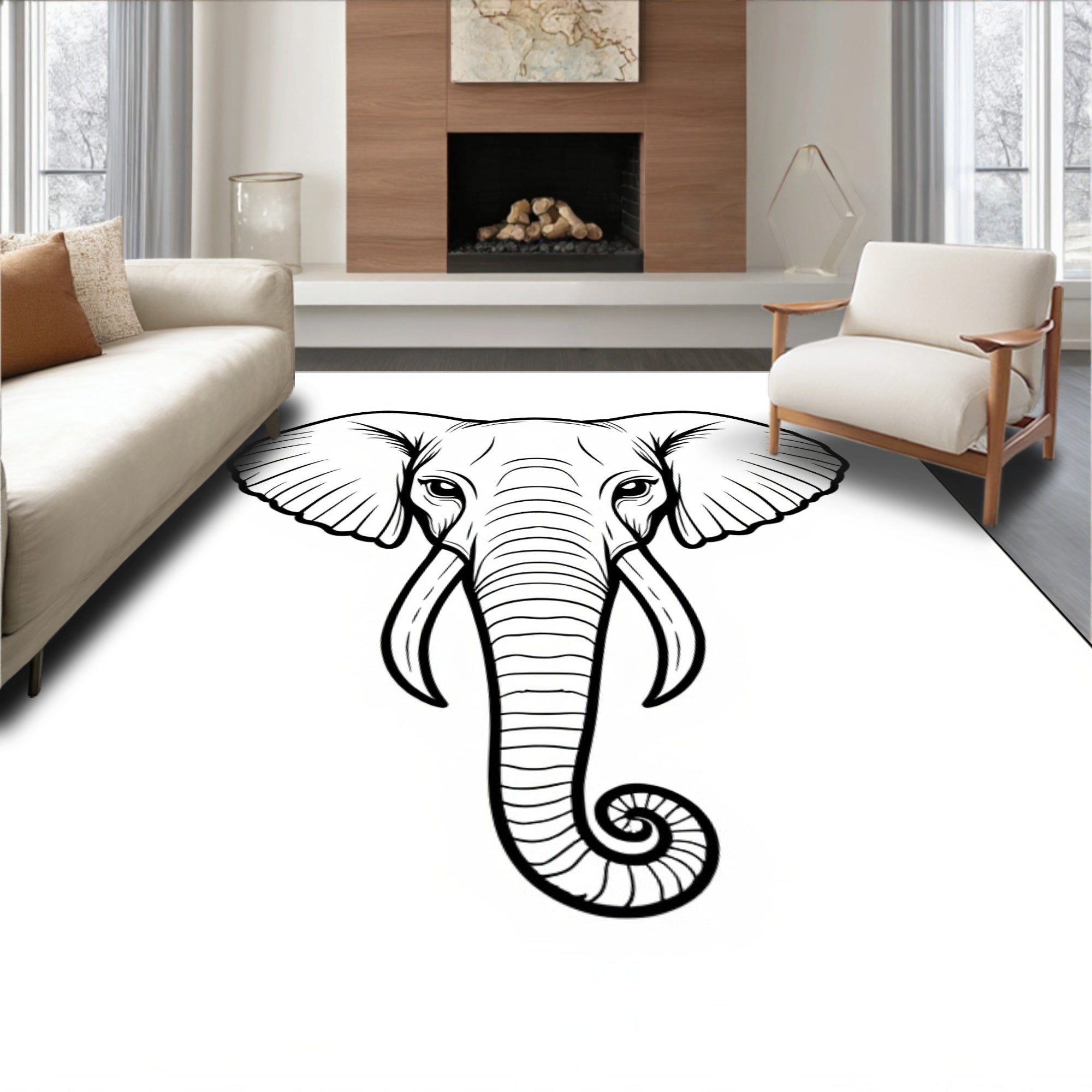 Bold Black Elephant Line Art Rug