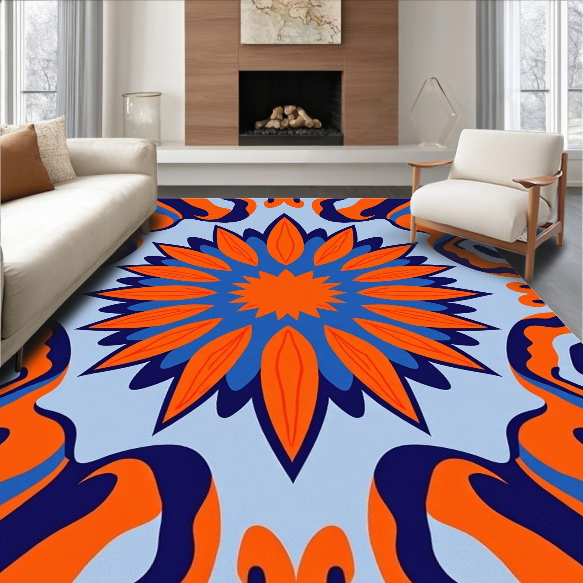 Vibrant Orange Blue Medallion Swirl Rug