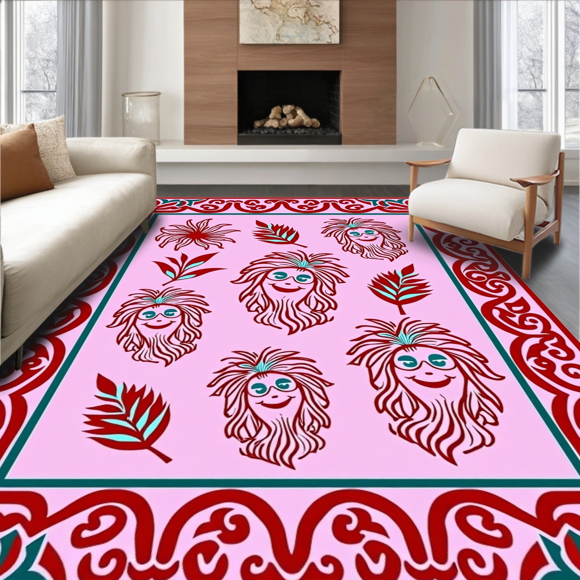Whimsical Crimson Faces Floral Border Rug