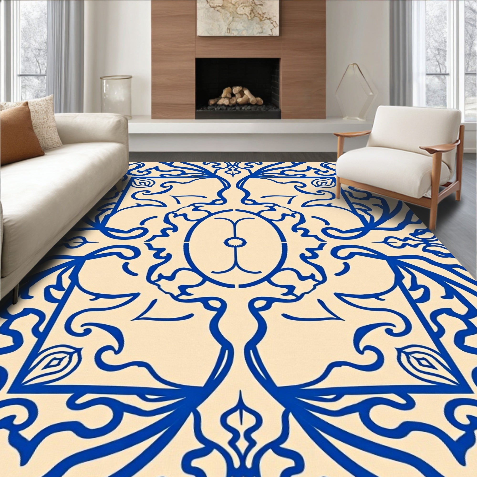 Royal Blue Ornamental Oval Border Rug