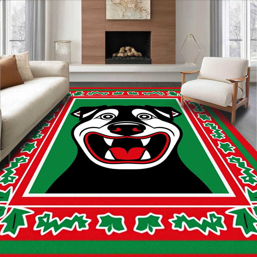 Festive Red Green Dog Portrait Rug