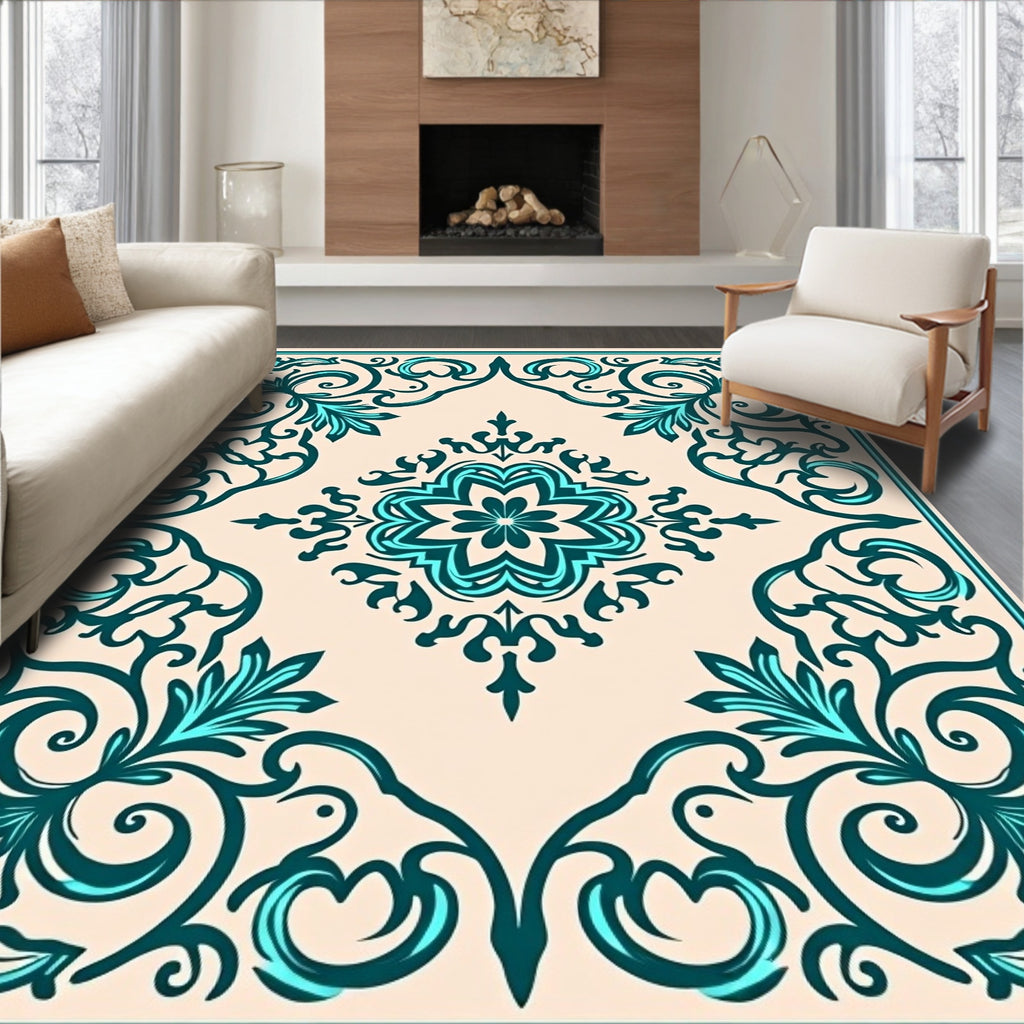 Teal Flourish Medallion Cream Harmony Rug