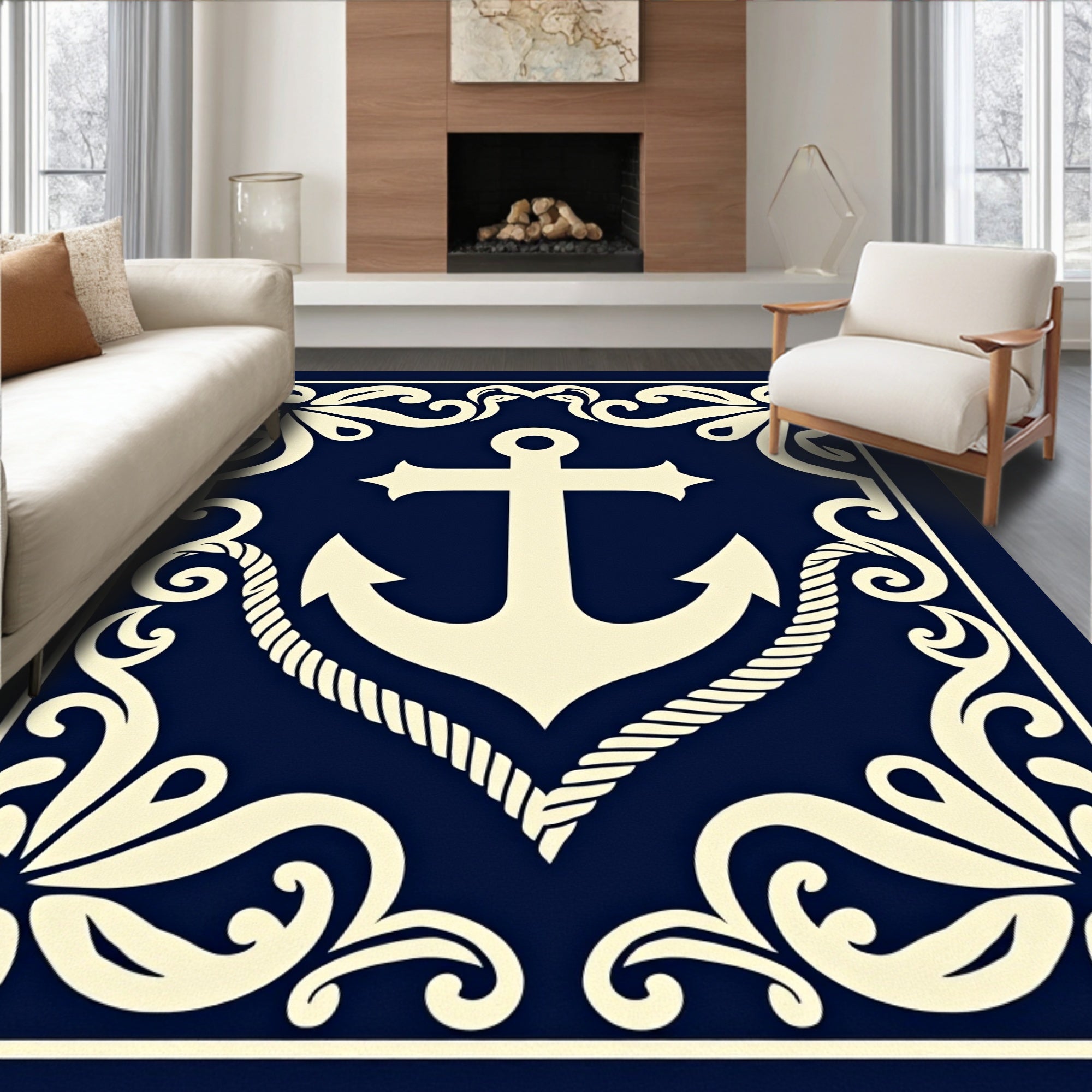 Nautical Cream Anchor Navy Blue Frame Rug