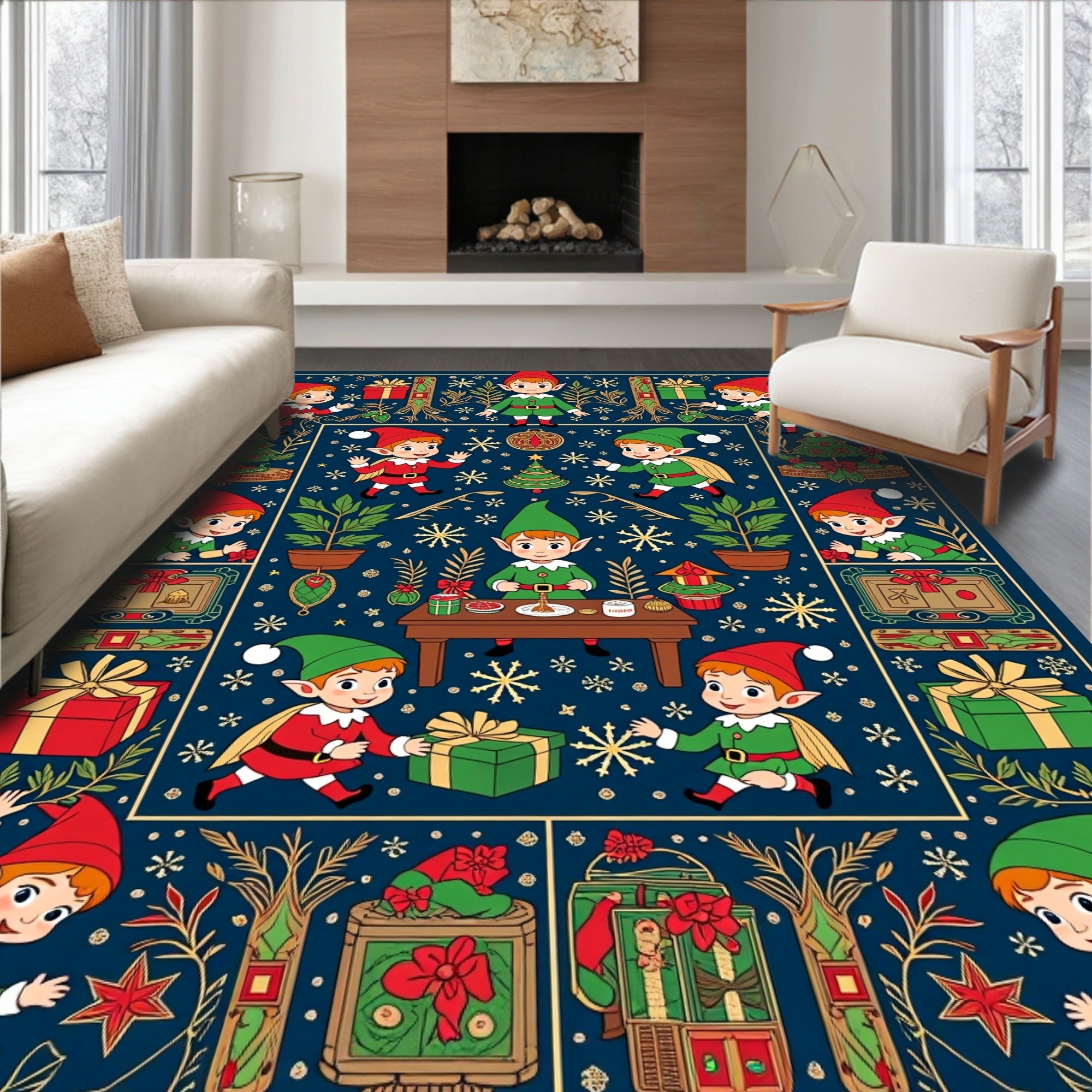 Christmas Elves And Gifts Navy Blue Rug