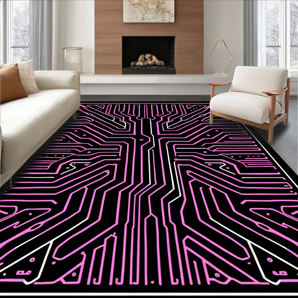 Pink Circuit Board Geometric Lines Rug