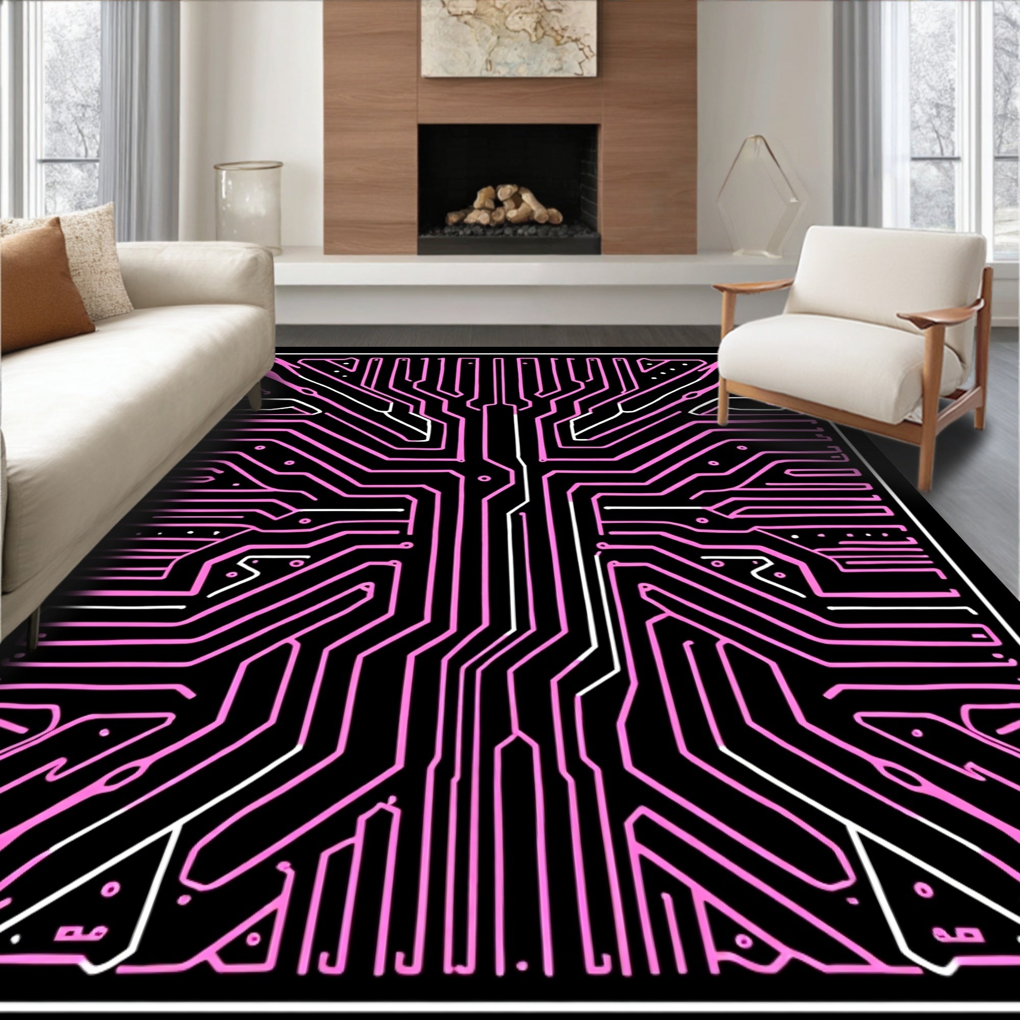 Pink Circuit Board Geometric Lines Rug