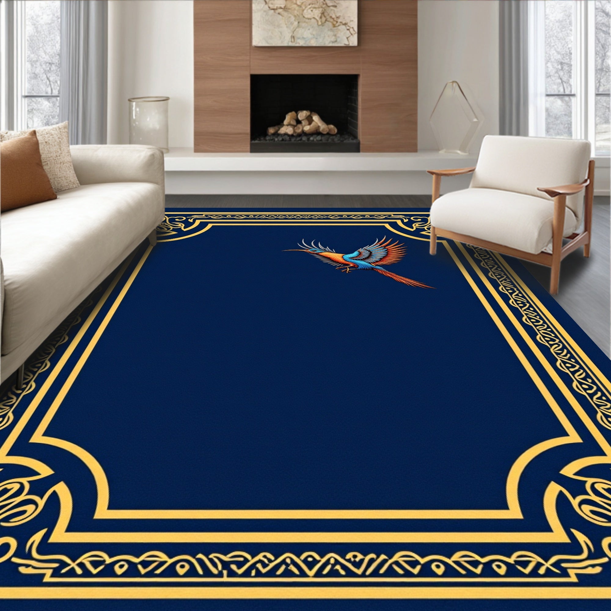 Golden Ornate Blue Bird Border Rug