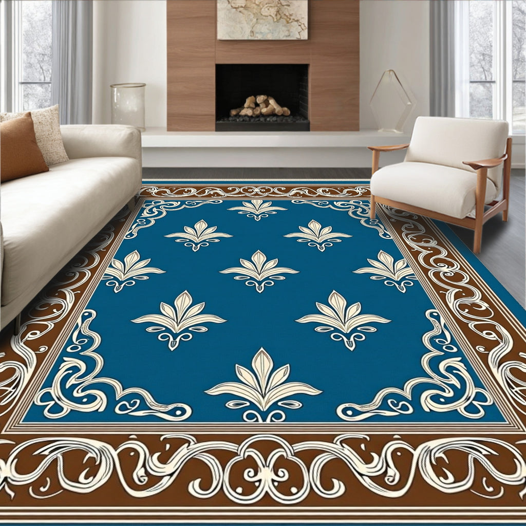Ornate Cream Floral Blue Border Rug