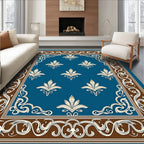 Ornate Cream Floral Blue Border Rug