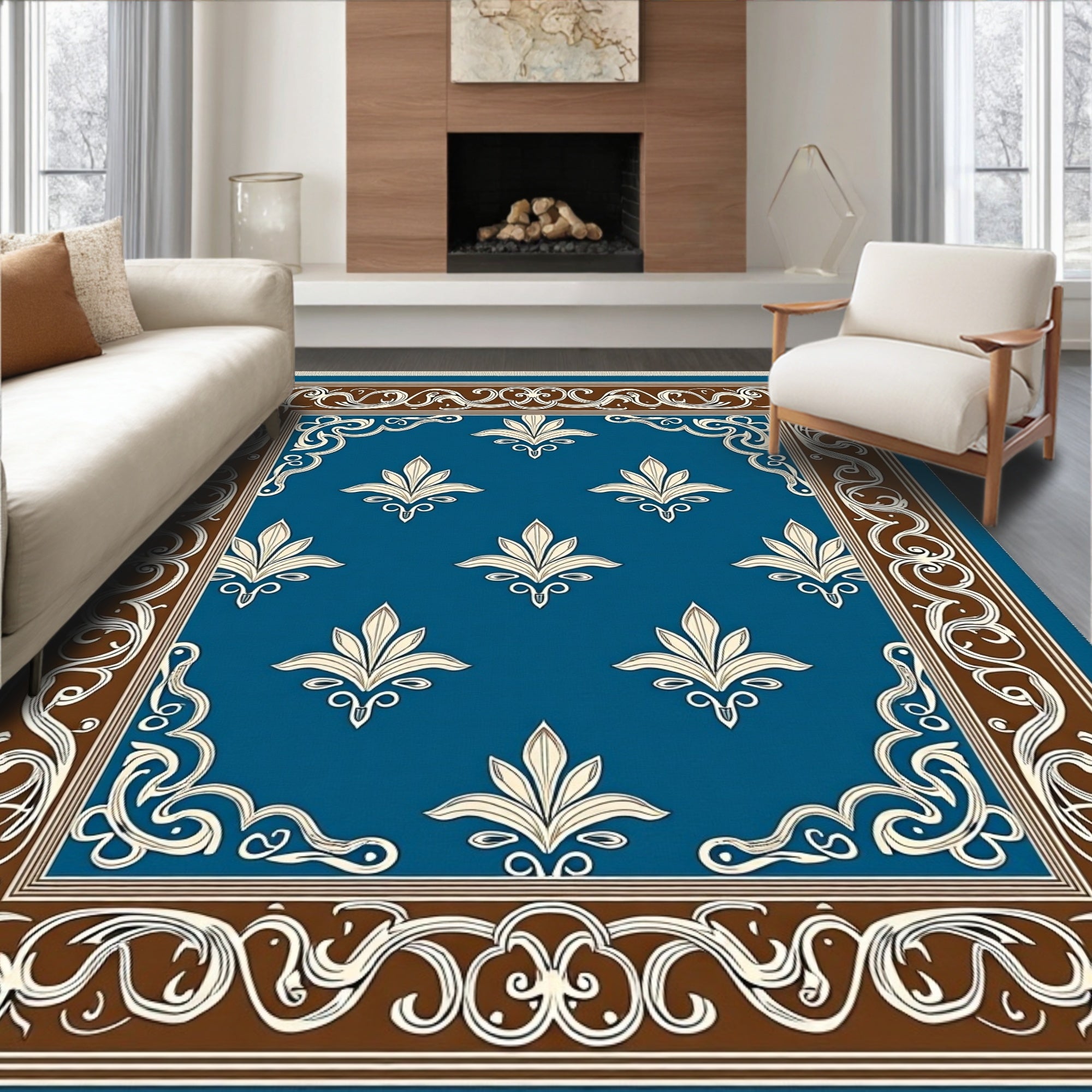 Ornate Cream Floral Blue Border Rug