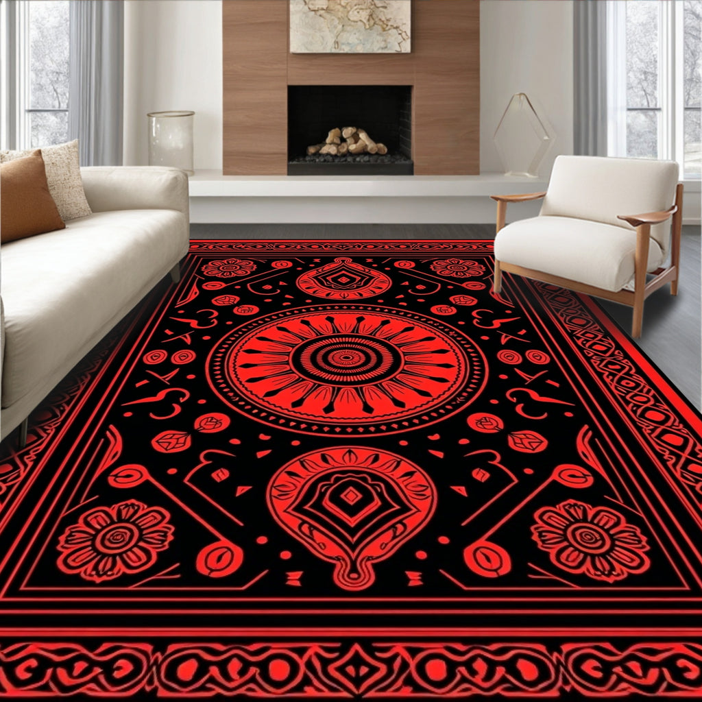 Bold Red Central Medallion Floral Rug