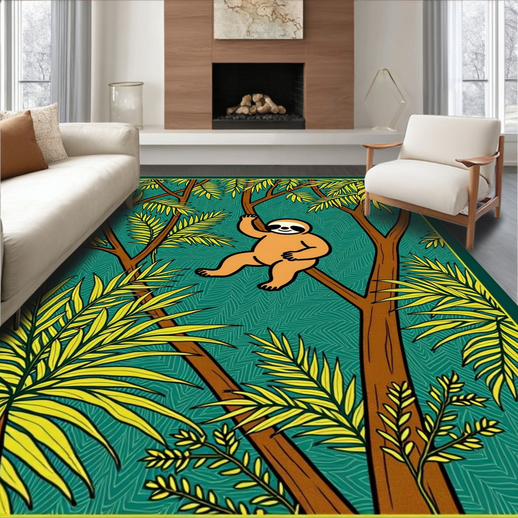 Jungle Sloth Tropical Leaf Trees Rug