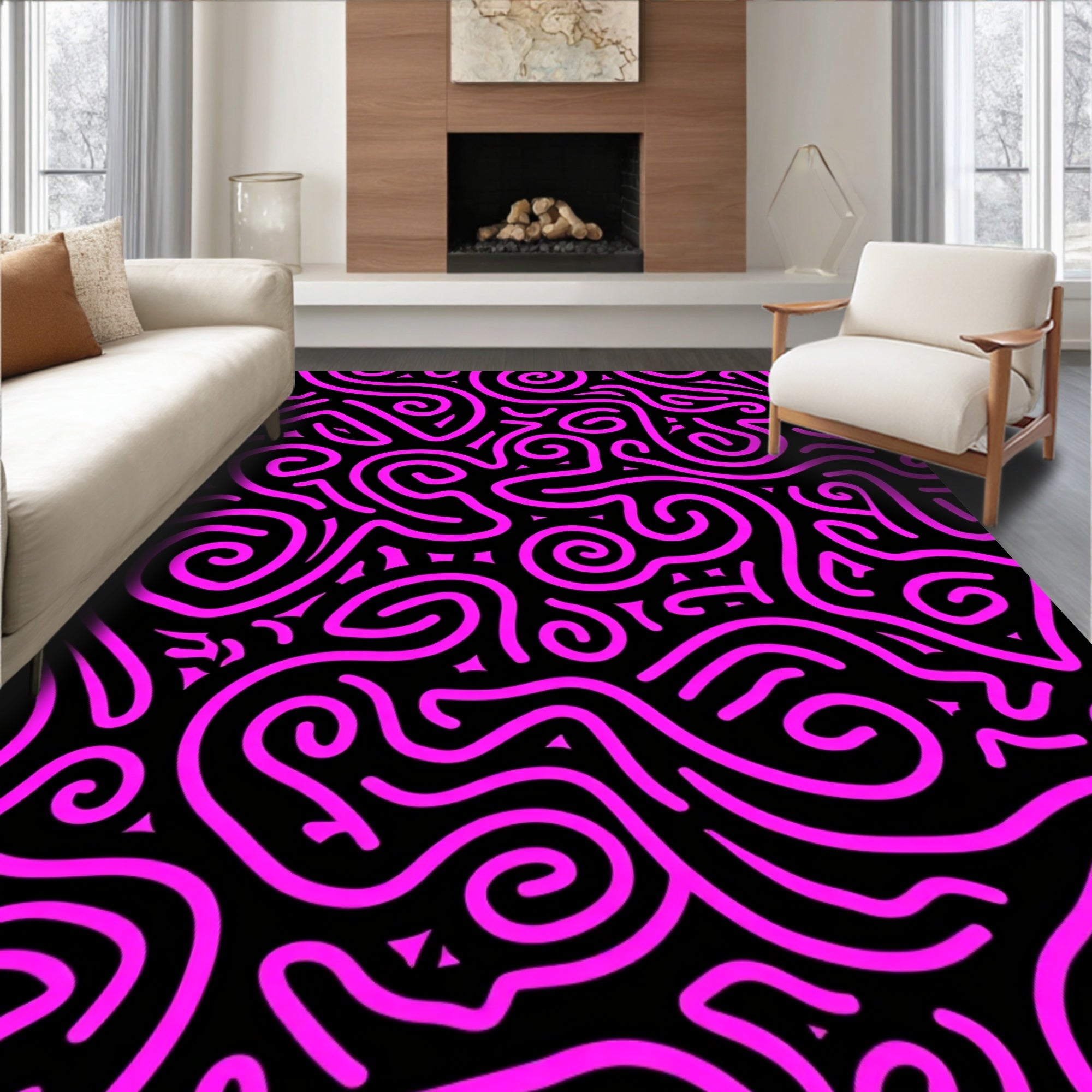 Hot Pink Swirls Black Background Rug