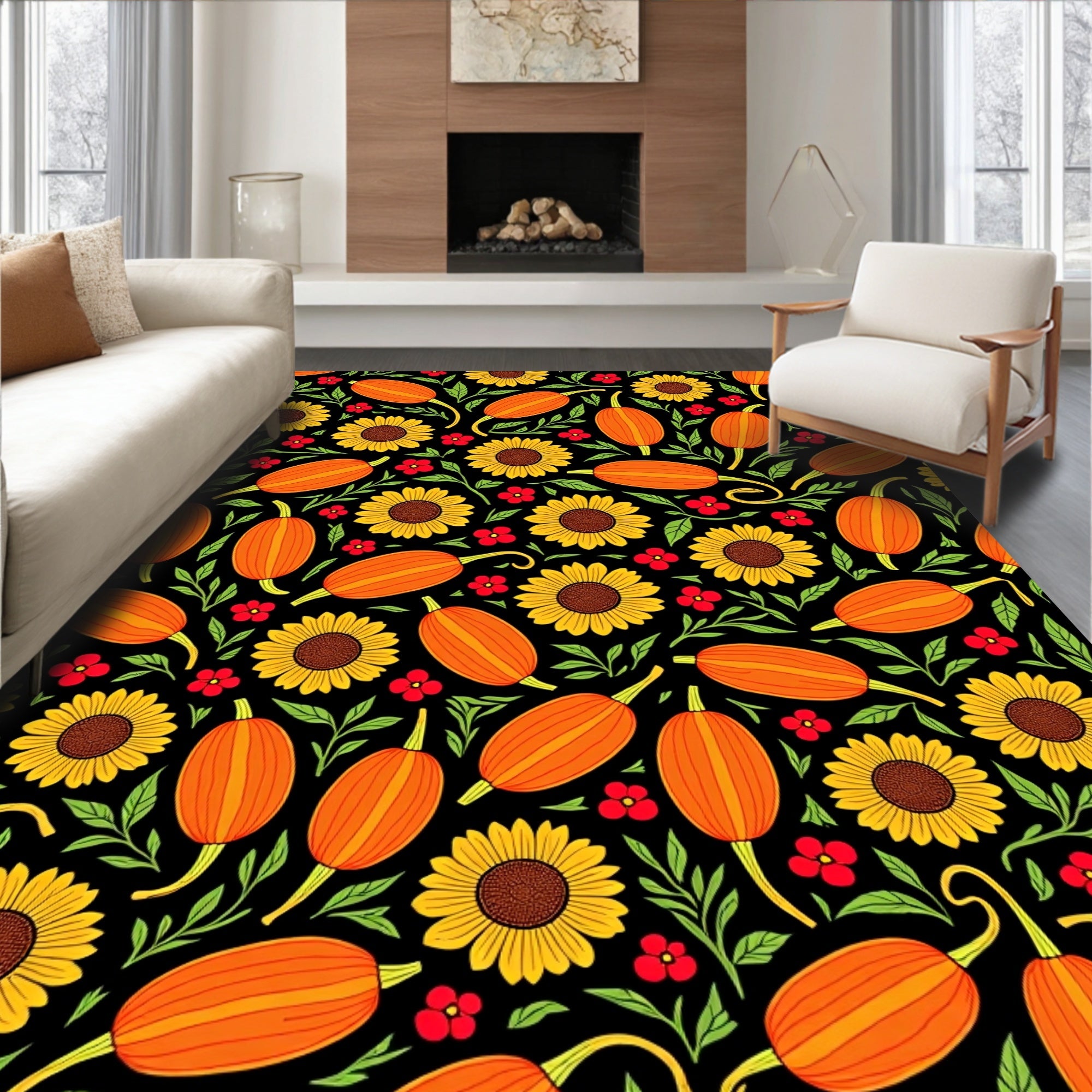 Harvest Pumpkins Sunflowers Red Flowers Rug