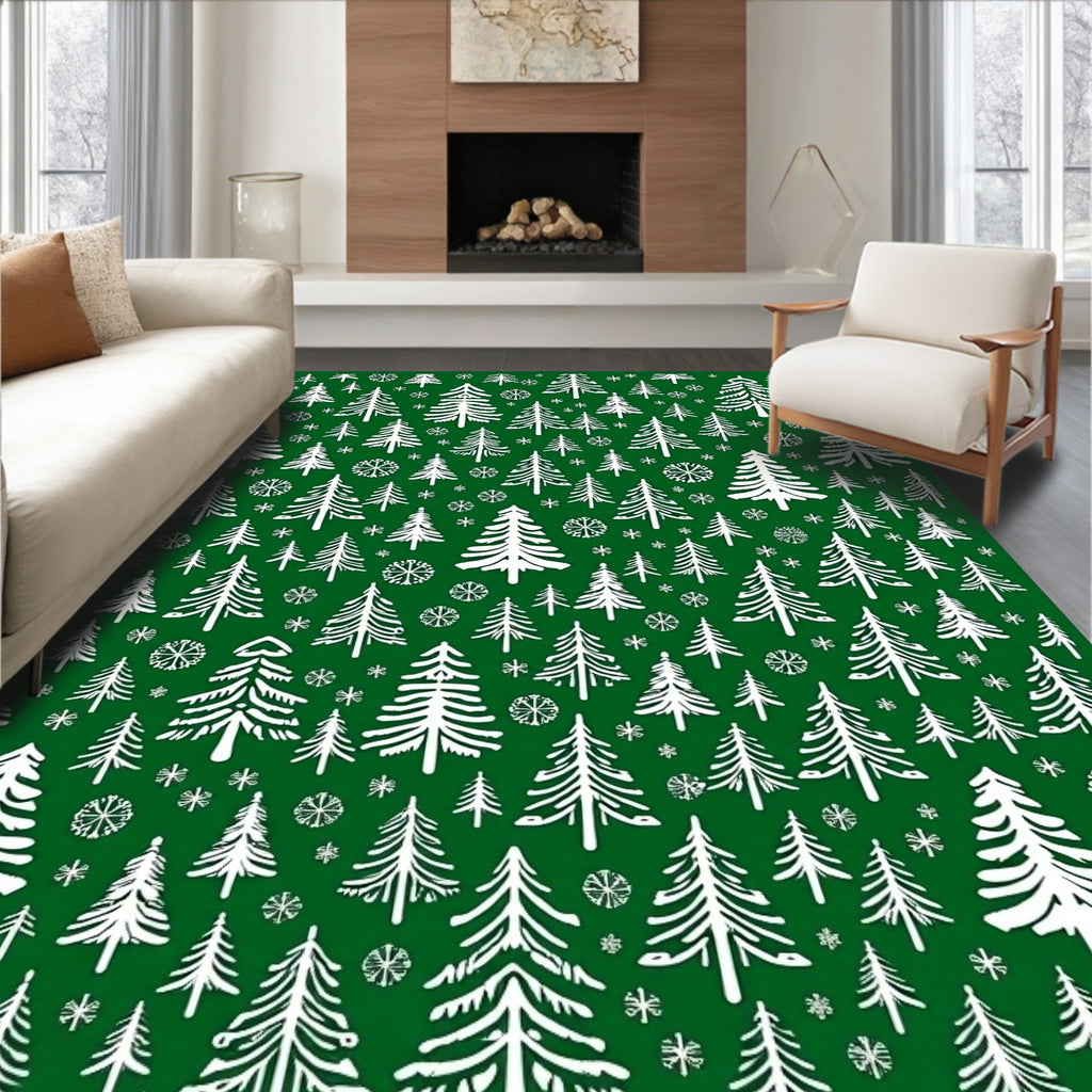 Emerald White Evergreen Forest Whimsy Rug