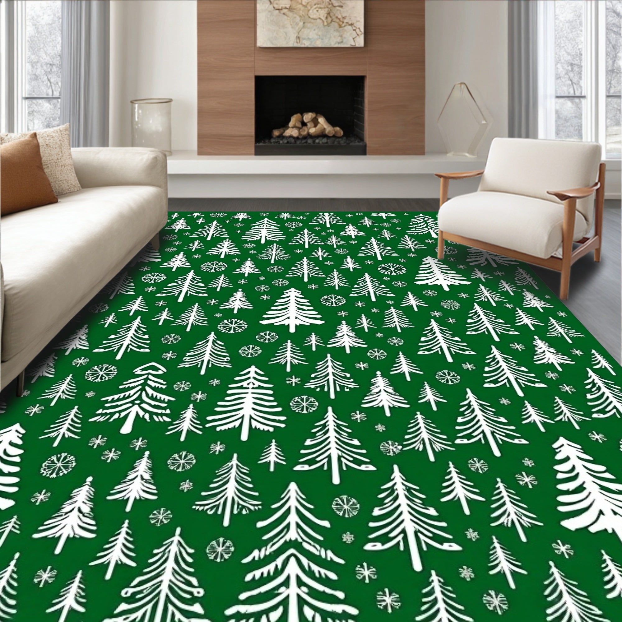 Emerald White Evergreen Forest Whimsy Rug