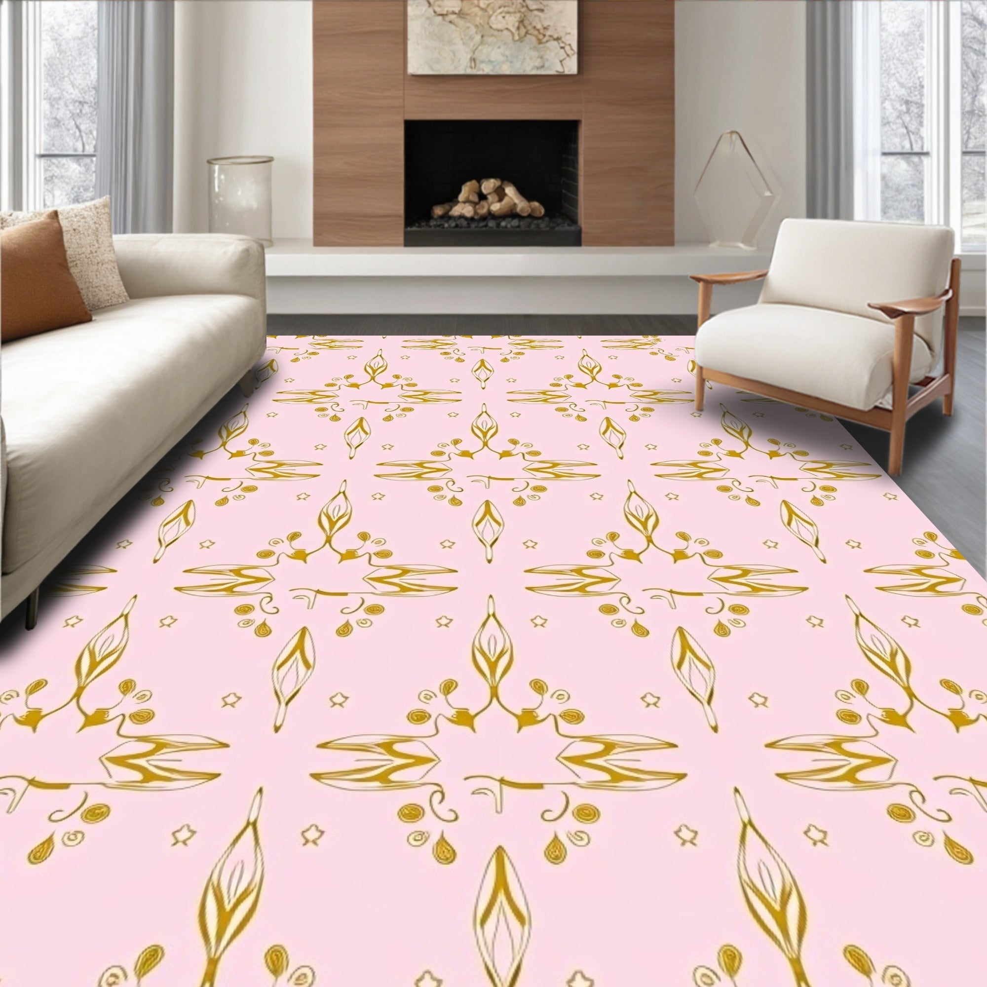 Golden Art Deco Lilies on Pink Rug