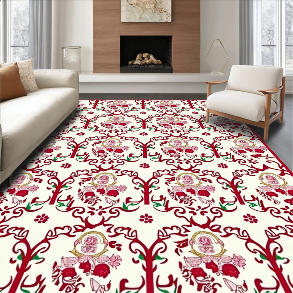 Crimson Red Floral Garland Scroll Rug