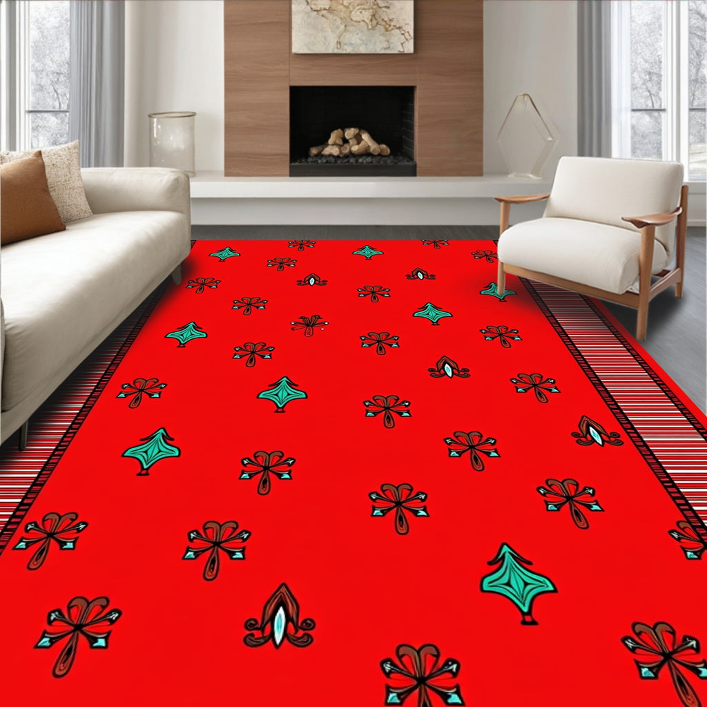 Red Teal Floral Medallion Striped Rug