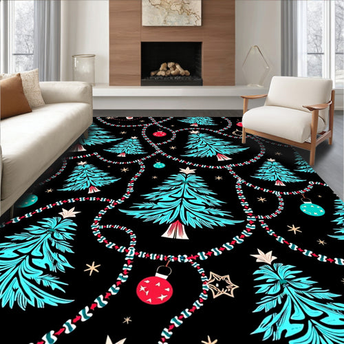 Aqua Christmas Trees Red Ornament Garland Rug