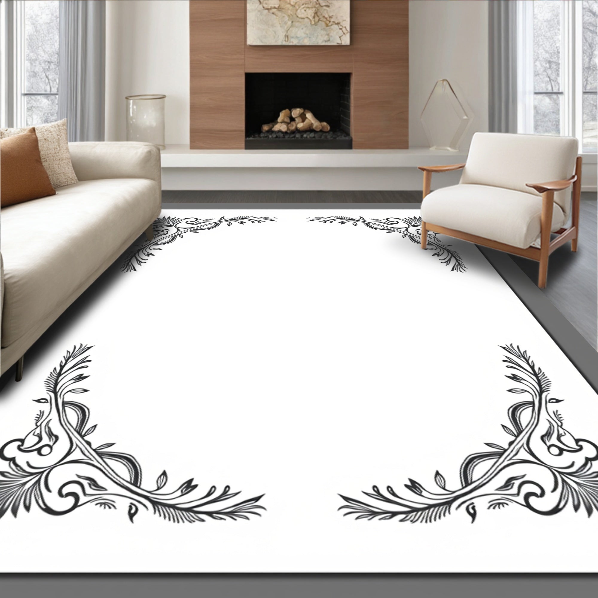 Black Vintage Swirl Leaf Corner Accent Rug