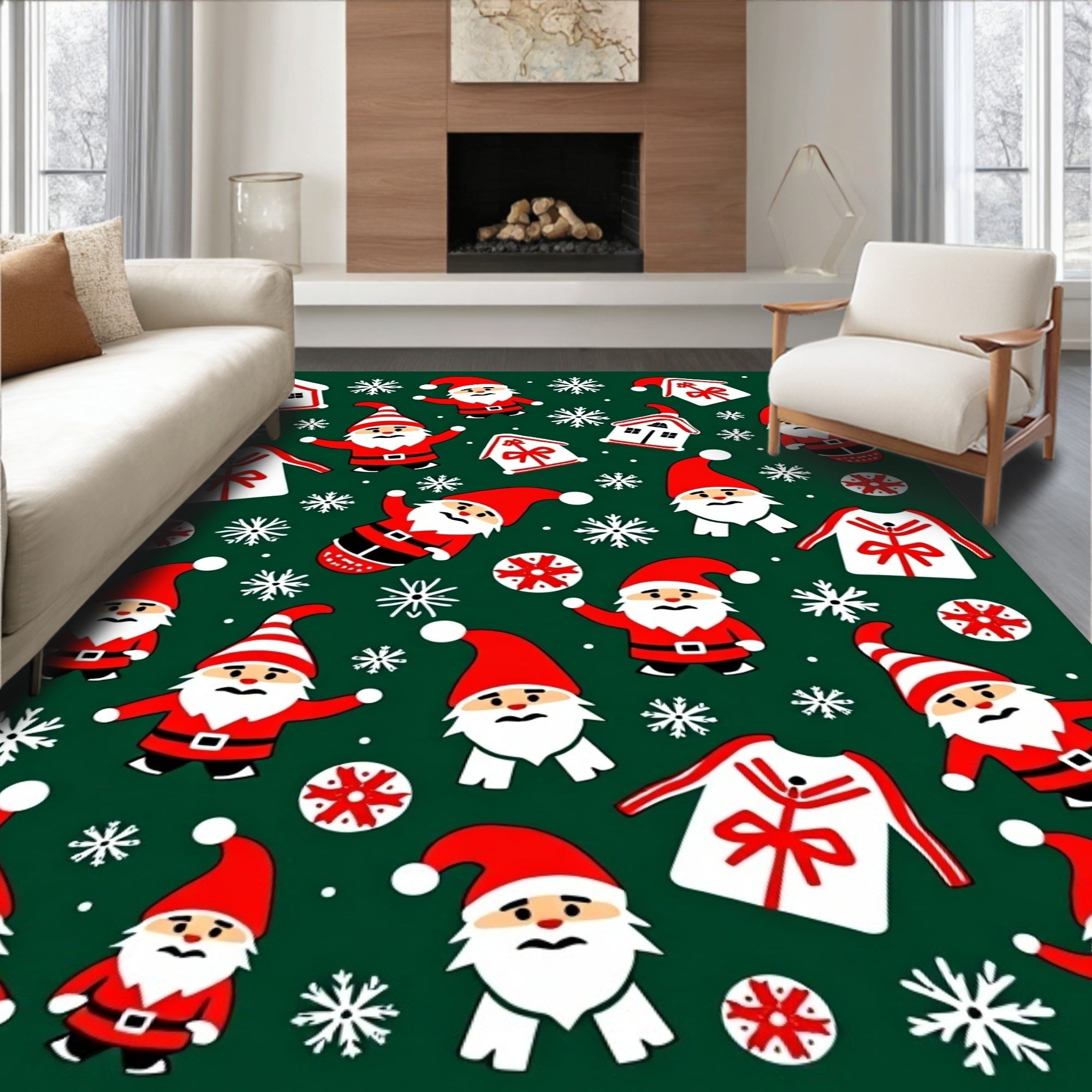 Festive Santa Claus Snowflake Houses Rug