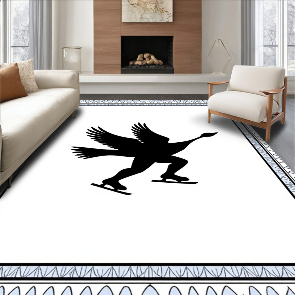 Black Skating Swan With Skates Border Rug