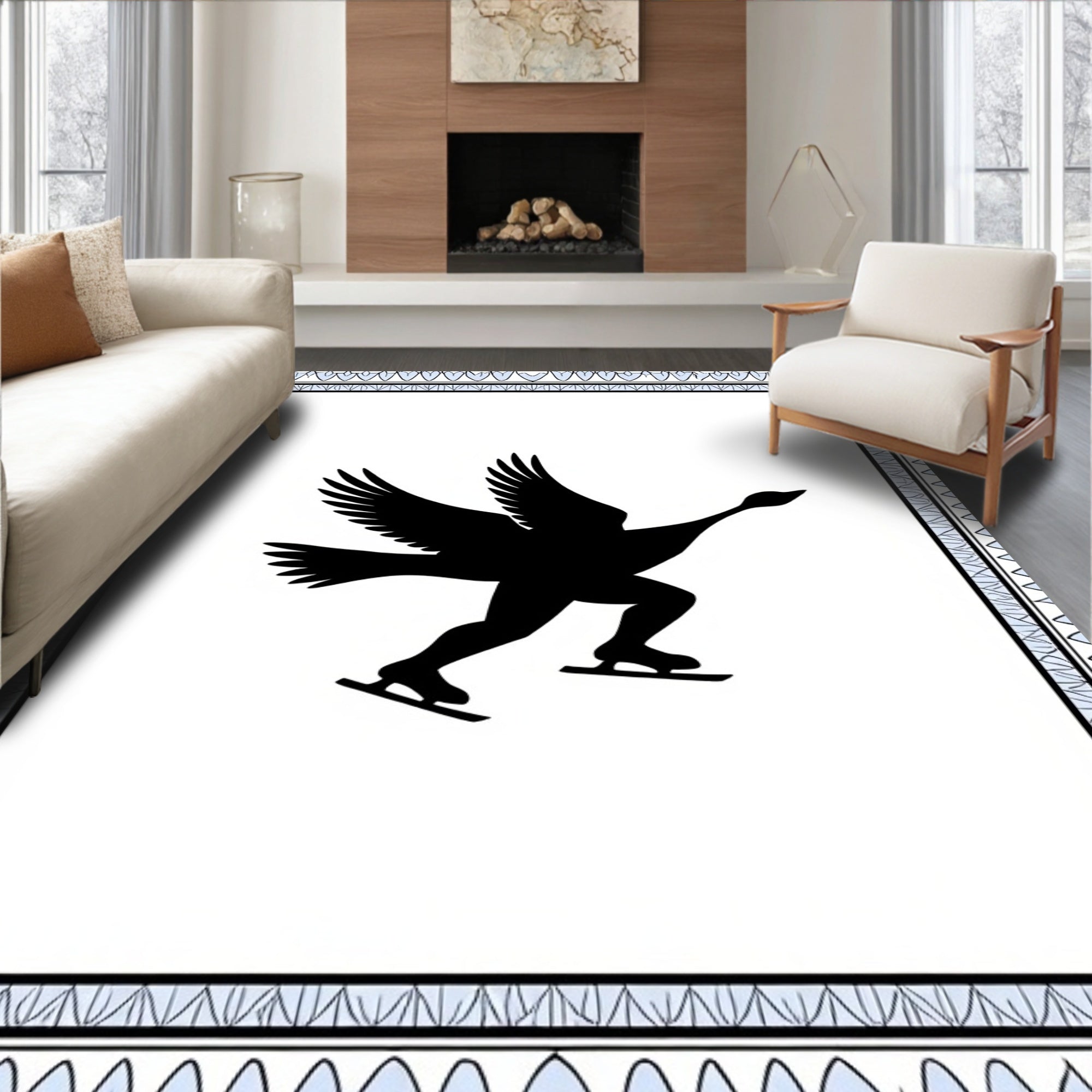 Black Skating Swan With Skates Border Rug