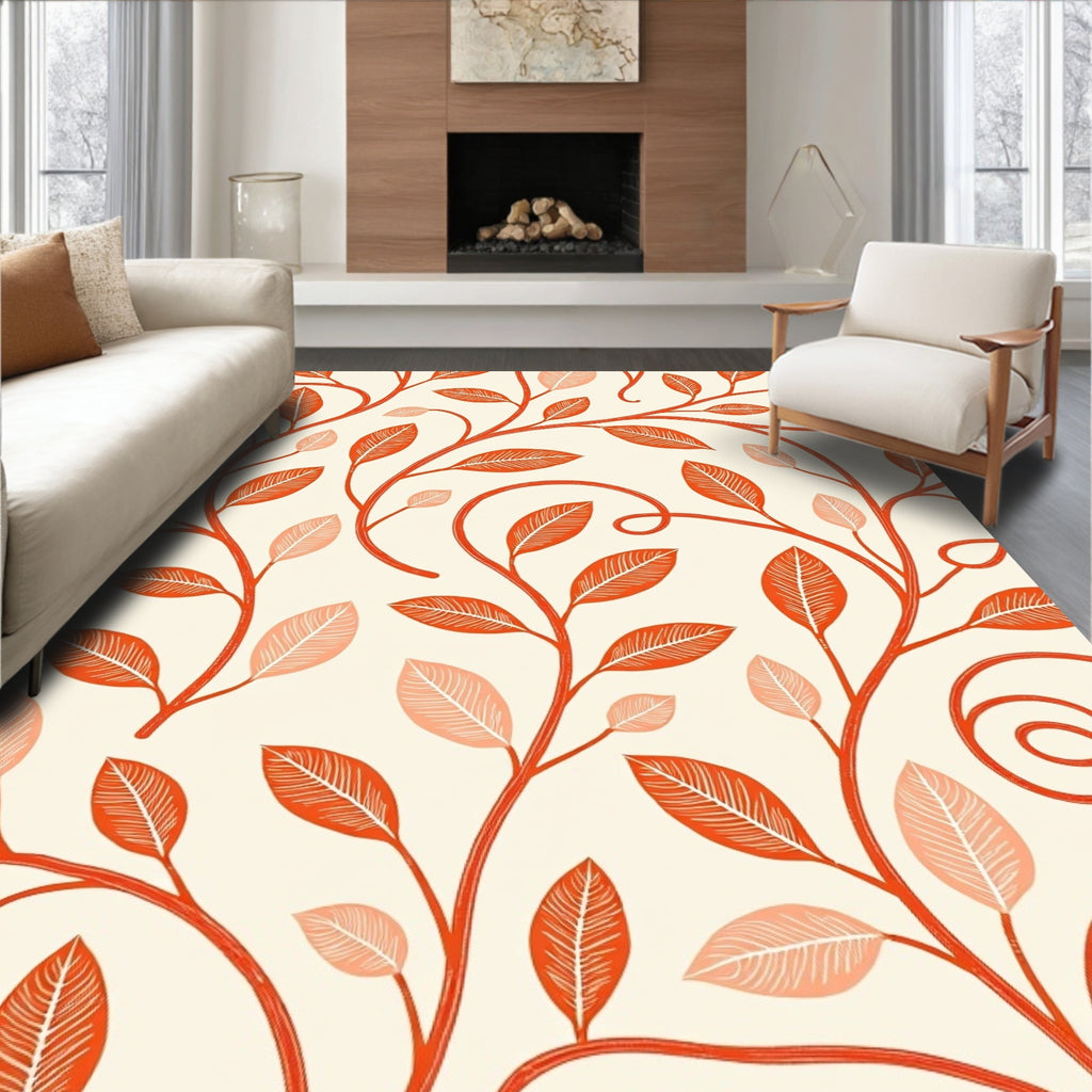 Crimson Leaf Branch Vine Swirl Rug