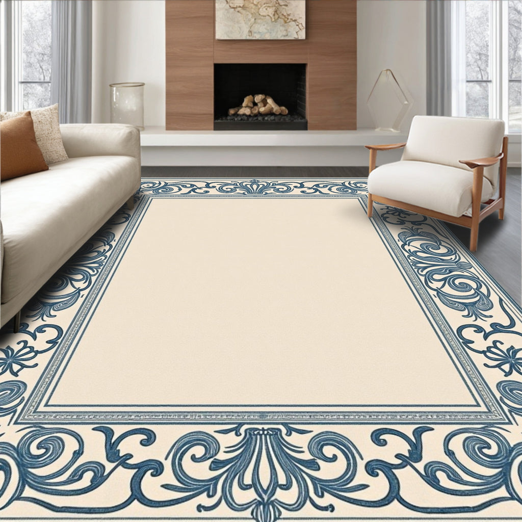 Ornate Blue Floral Scrollwork Centerpiece Rug