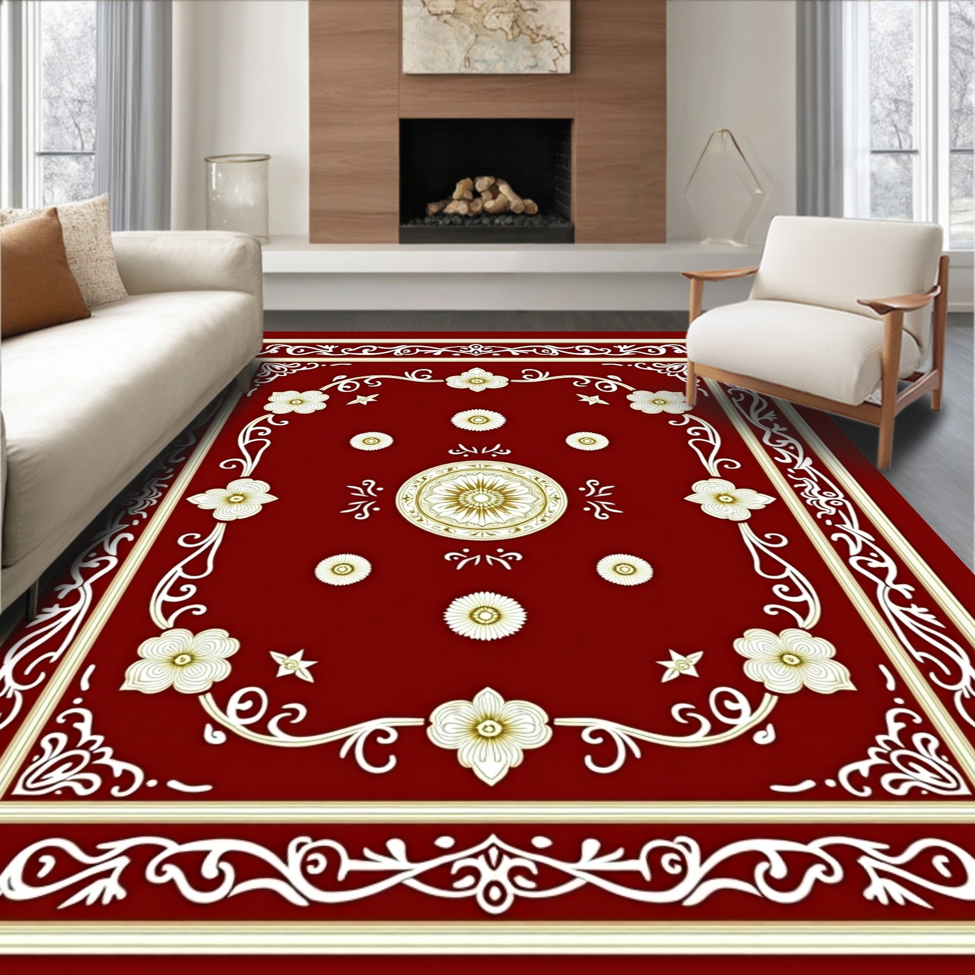 Crimson Gold Floral Medallion Frame Rug