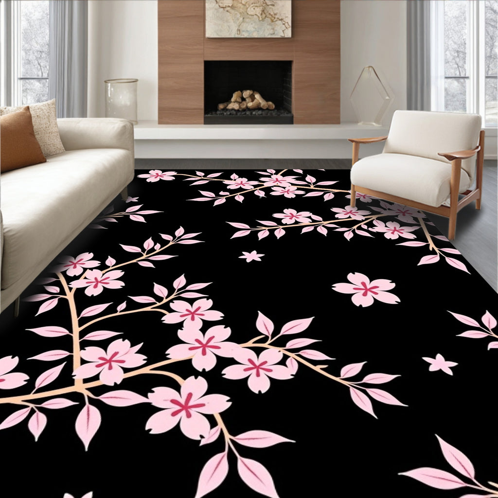 Pink Cherry Blossom Branches Black Rug