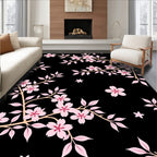 Pink Cherry Blossom Branches Black Rug