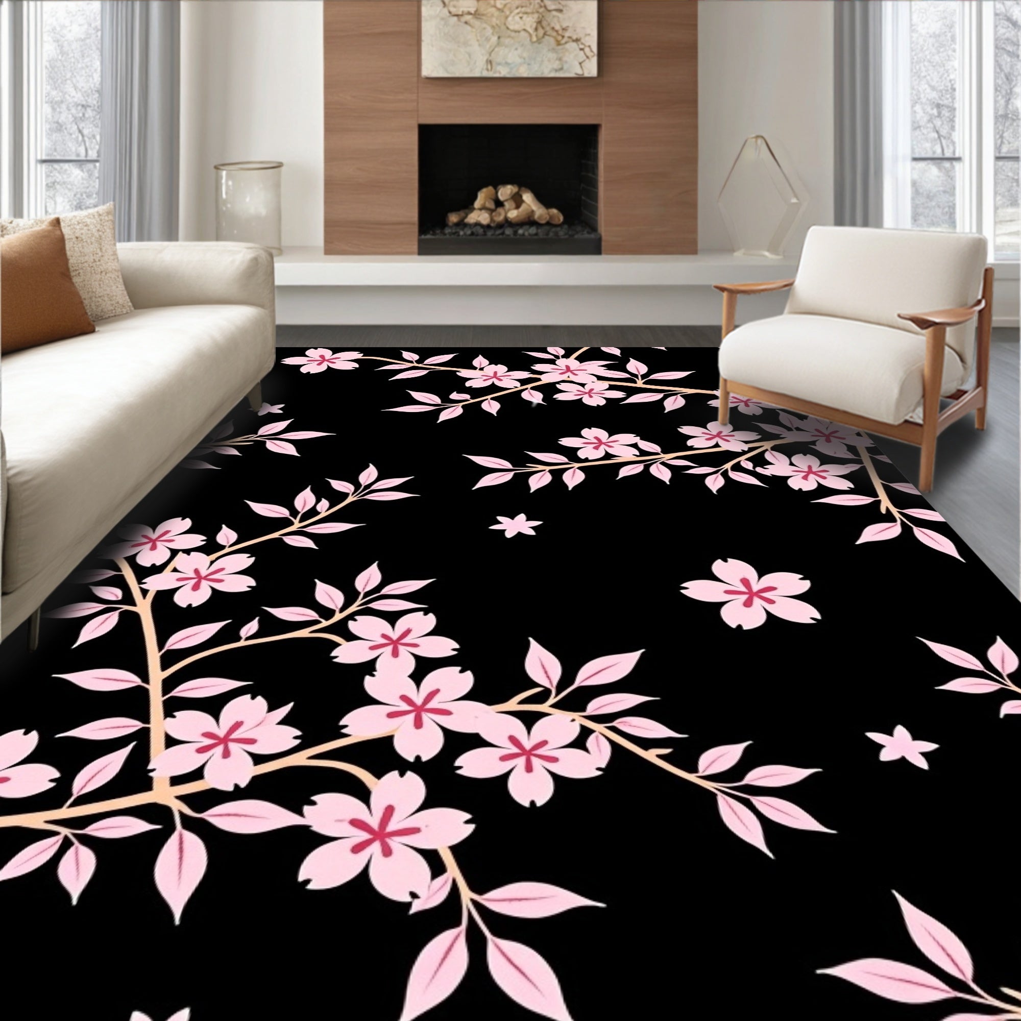 Pink Cherry Blossom Branches Black Rug