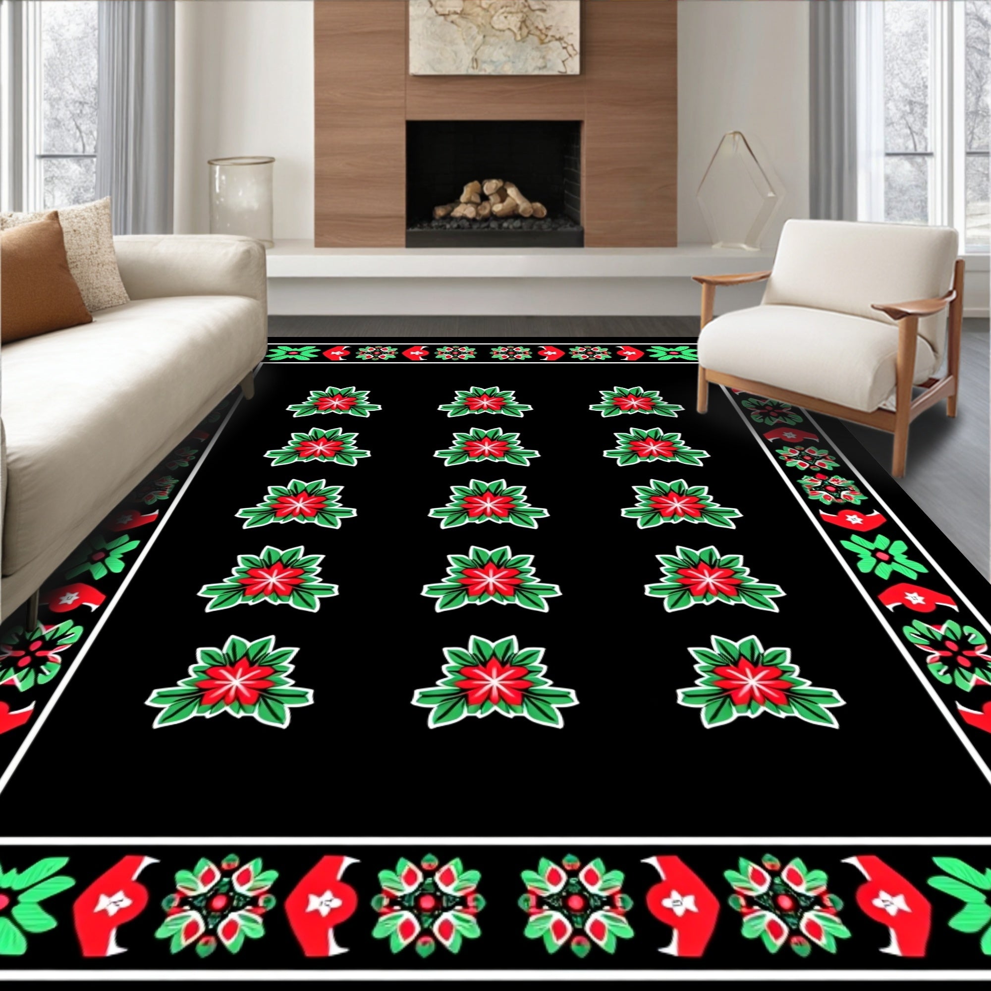 Red Floral Grid Black Rug