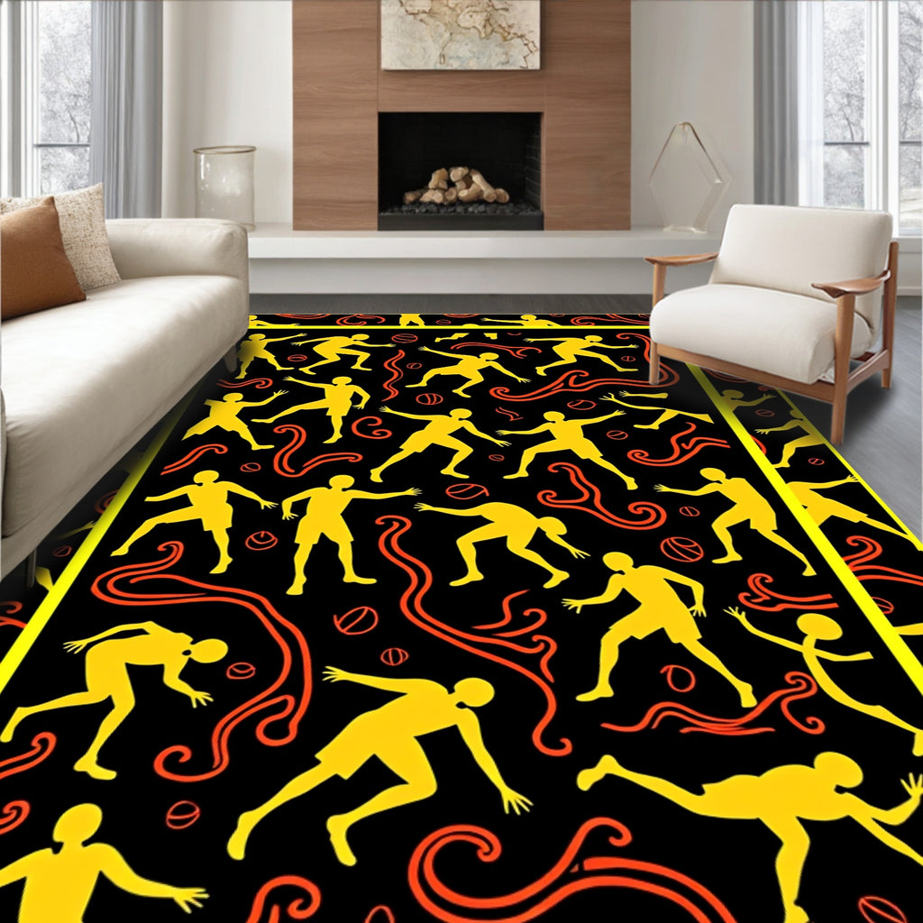 Yellow Athletes Orange Swirls Black Background Rug