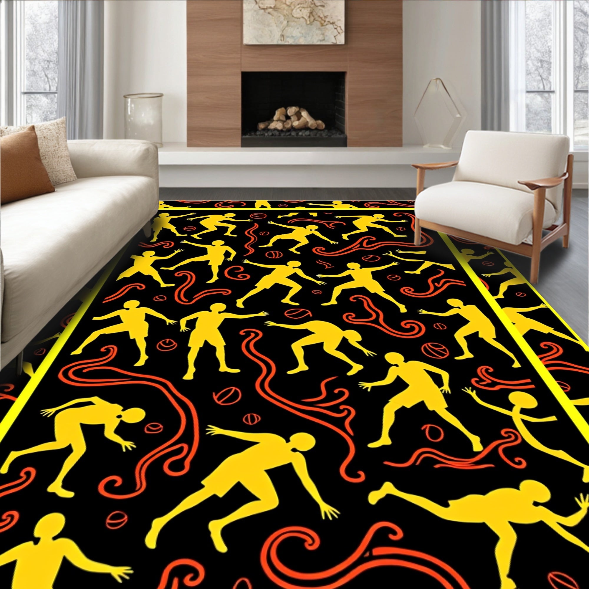 Yellow Athletes Orange Swirls Black Background Rug